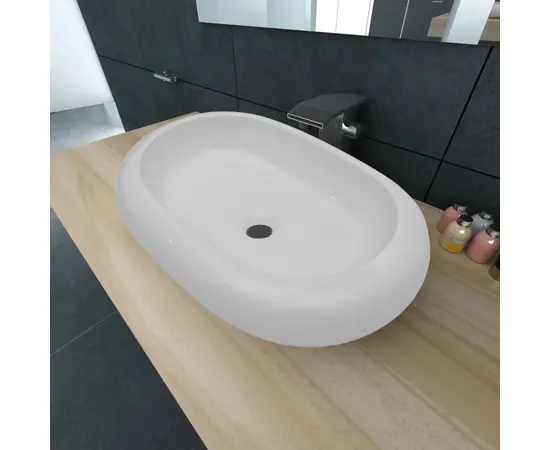 Keramik Waschtisch Waschbecken Oval Weiß 63 x 42 cm