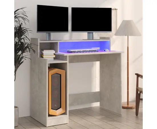 vidaXL Schreibtisch mit LEDs Betongrau 97x90x45 cm Holzwerkstoff