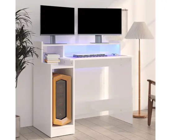 vidaXL Schreibtisch mit LEDs Hochglanz-Weiß 97x90x45 cm Holzwerkstoff
