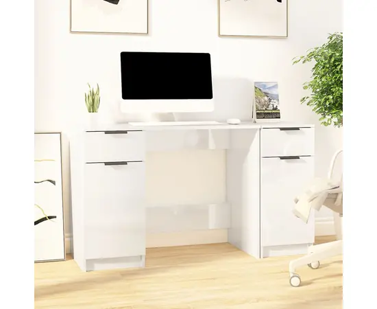 vidaXL Schreibtisch mit Beistellschrank Hochglanz-Weiß Holzwerkstoff