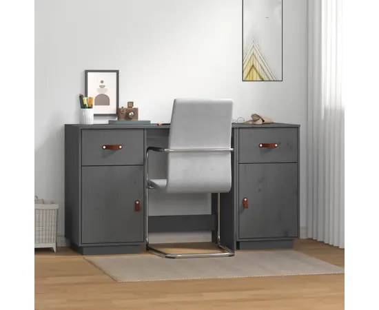 vidaXL Schreibtisch mit Schränken Grau 135x50x75 cm Massivholz Kiefer