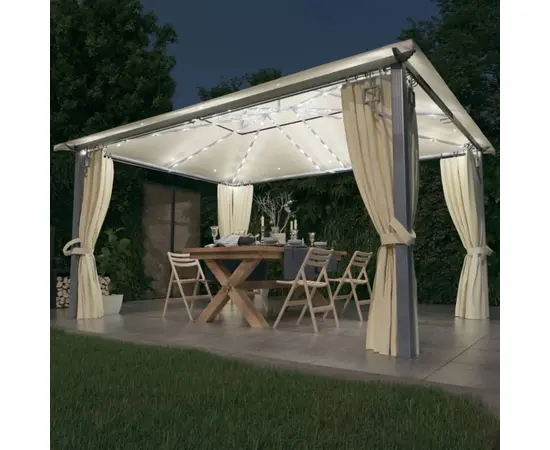 vidaXL Pavillon mit Vorhängen & LED-Lichterkette 400x300 cm Creme Alu