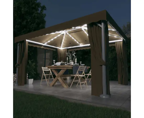 vidaXL Pavillon mit Vorhängen & LED-Lichterkette 4x3 m Taupe