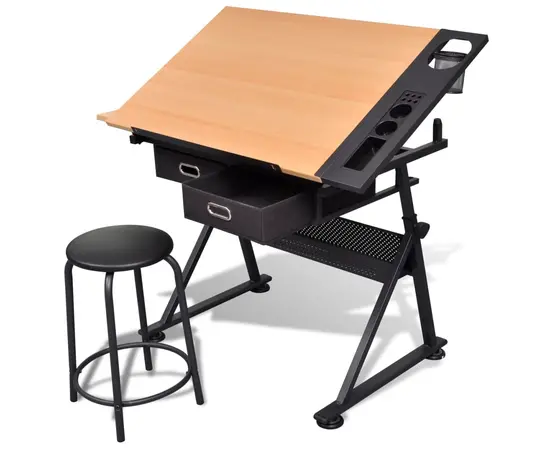 vidaXL Zeichentisch mit neigbarer Tischplatte 2 Schubladen und Hocker