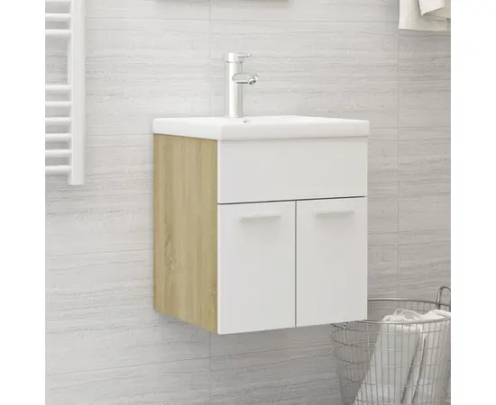 vidaXL Waschbeckenunterschrank mit Einbaubecken Weiß und Sonoma-Eiche