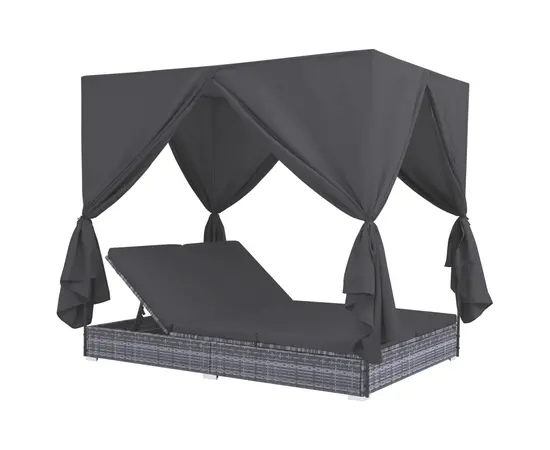 vidaXL Outdoor-Lounge-Bett mit Vorhängen Poly Rattan Grau